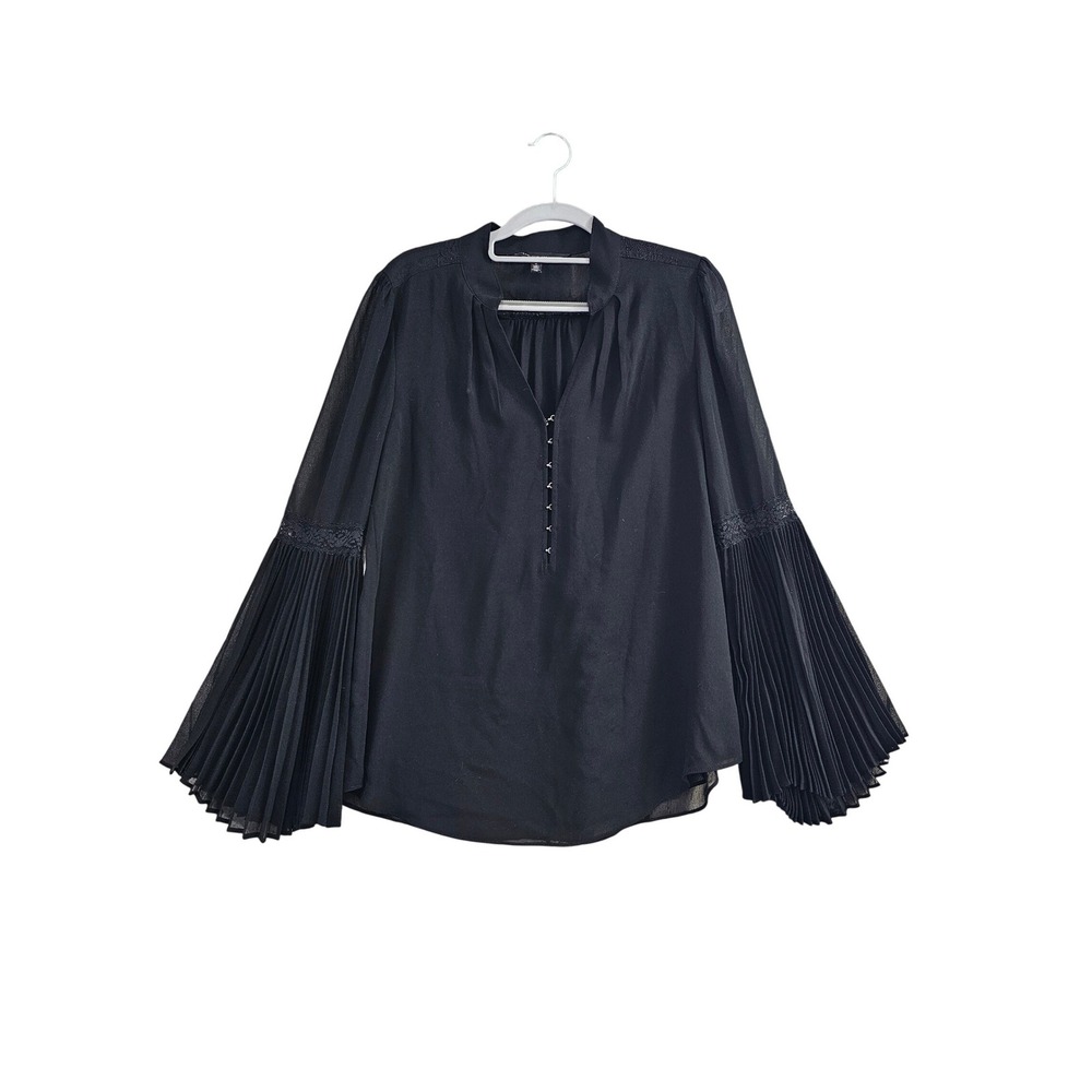 White House Black Market Blouse Womens 6 Black Solid Pleated Bell Sleeve Lace